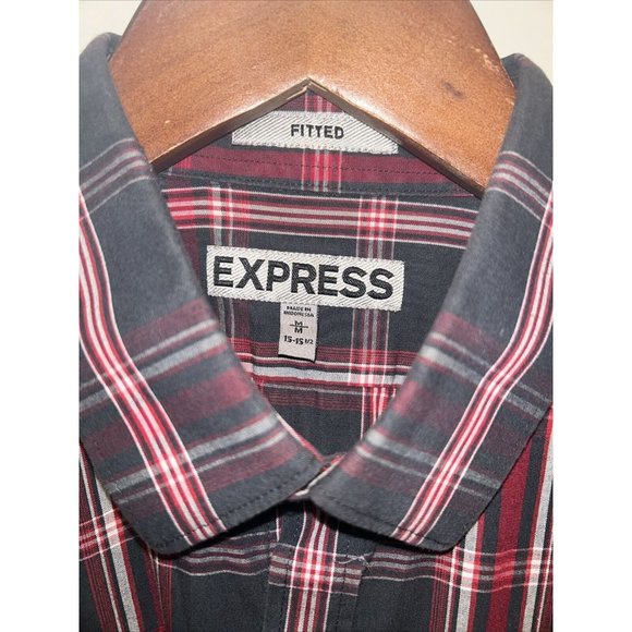 Express Men's Red Black Plaid Long Sleeve Button Down Flannel Shirt Medium - Picture 2 of 9
